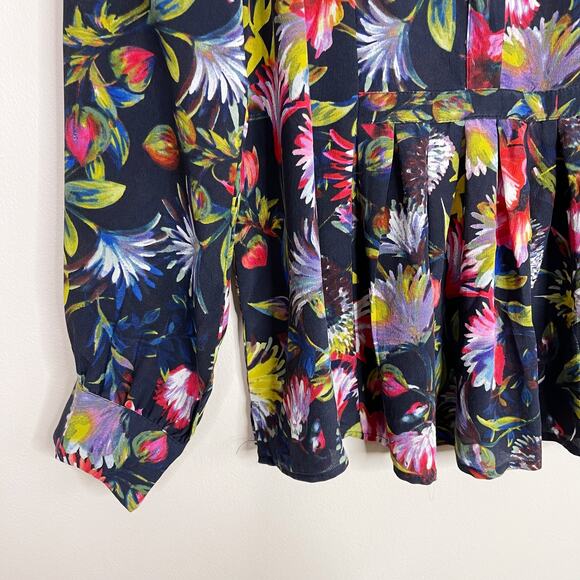 J Crew Silk Pleated Floral Popover Blouse Top Navy Blue XSmall K1822 Womens - Picture 6 of 11